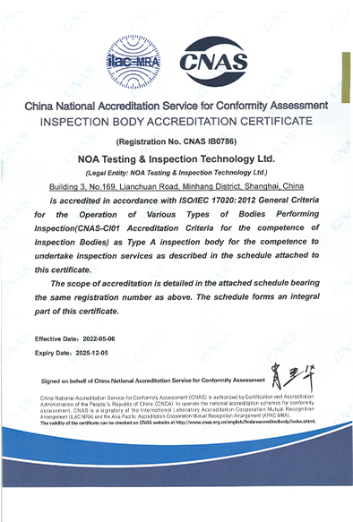 Accreditation of Inspection Body CNAS (ISO/IEC 17020)